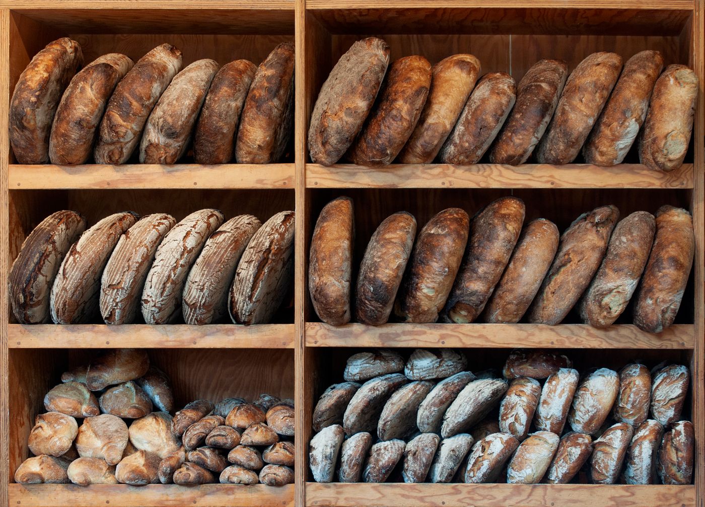 Loaves arranged on the display shelves