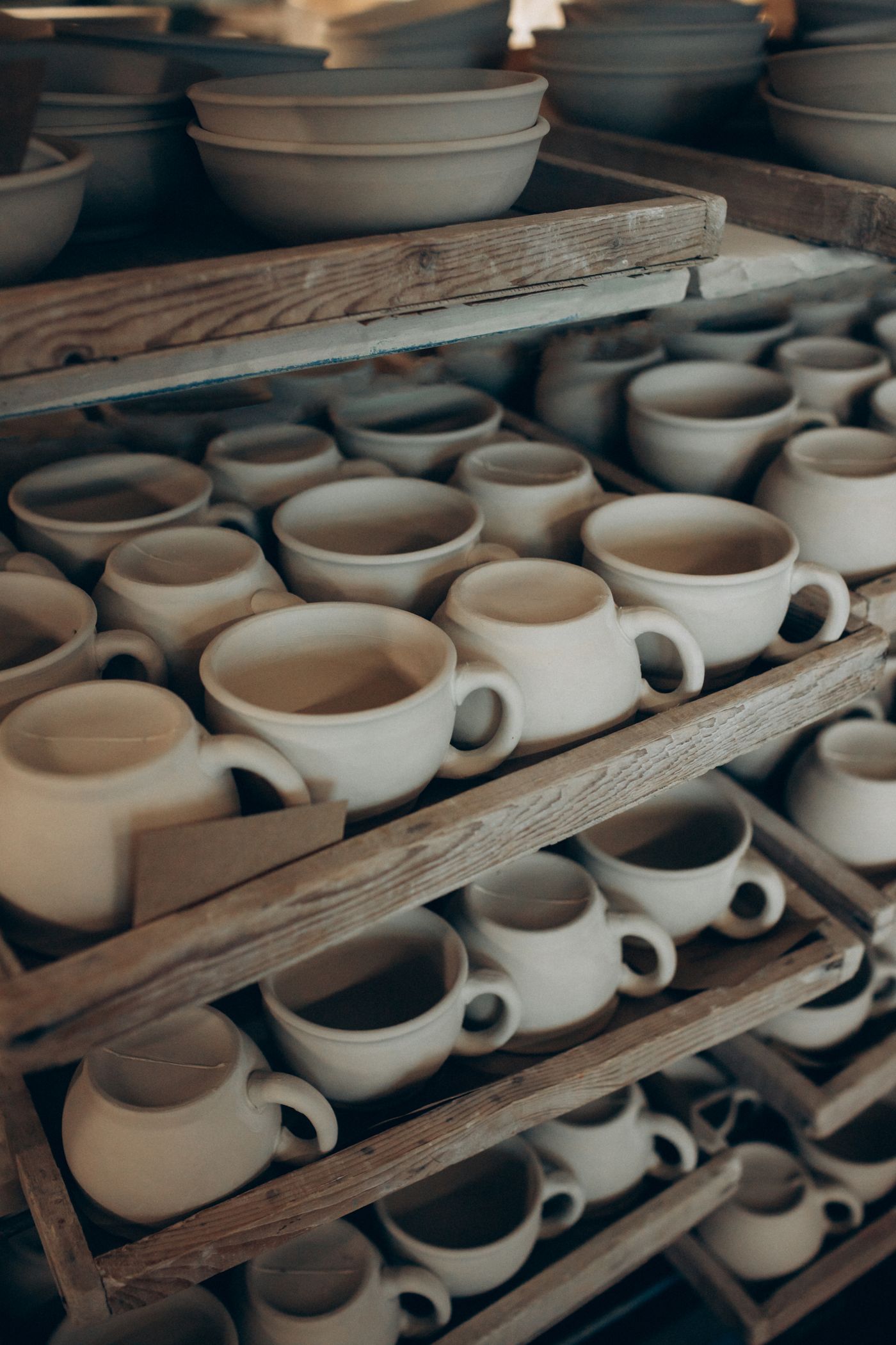 Rows of handmade ceramics