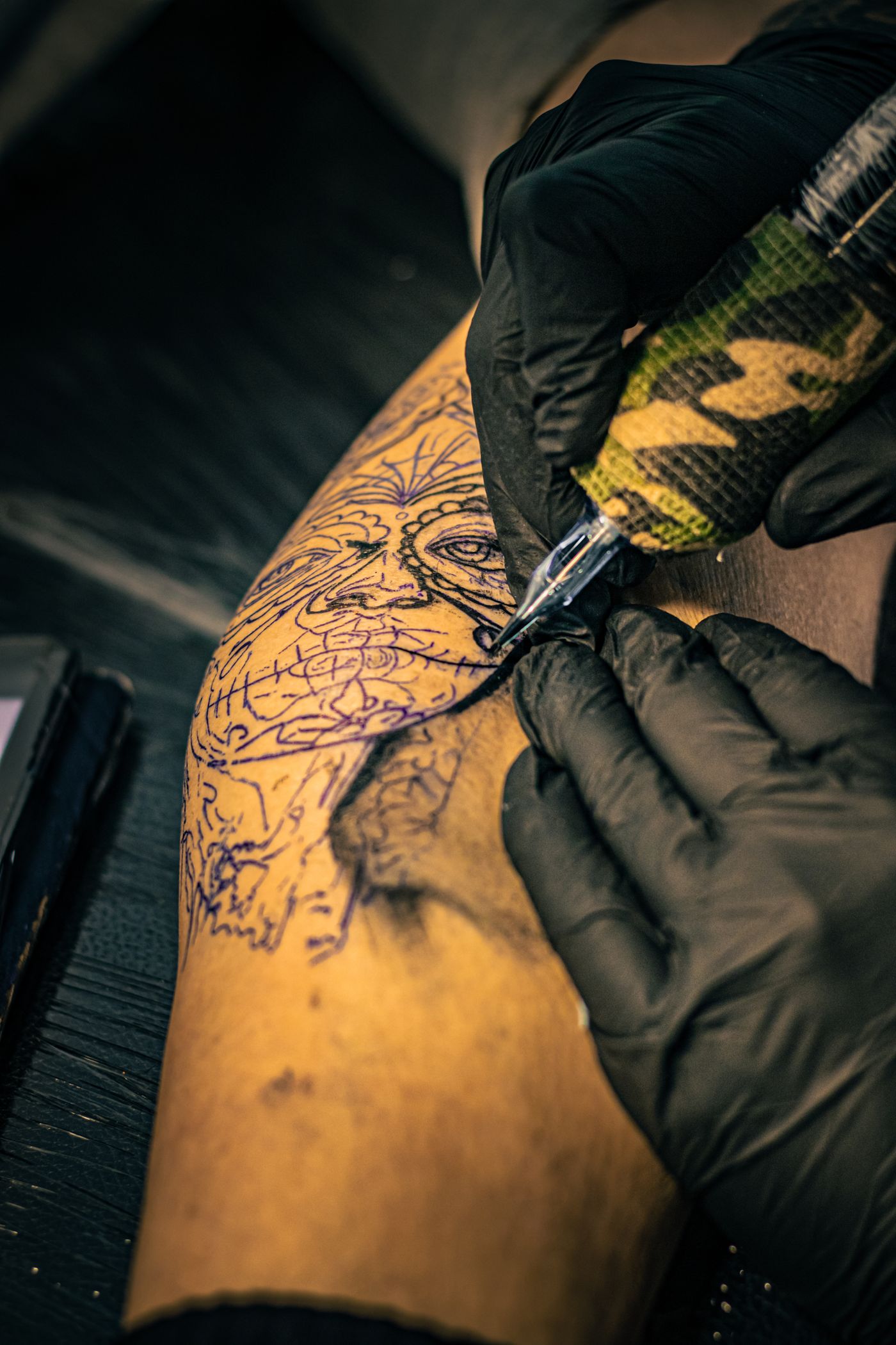Detailed blackwork sleeve in progress